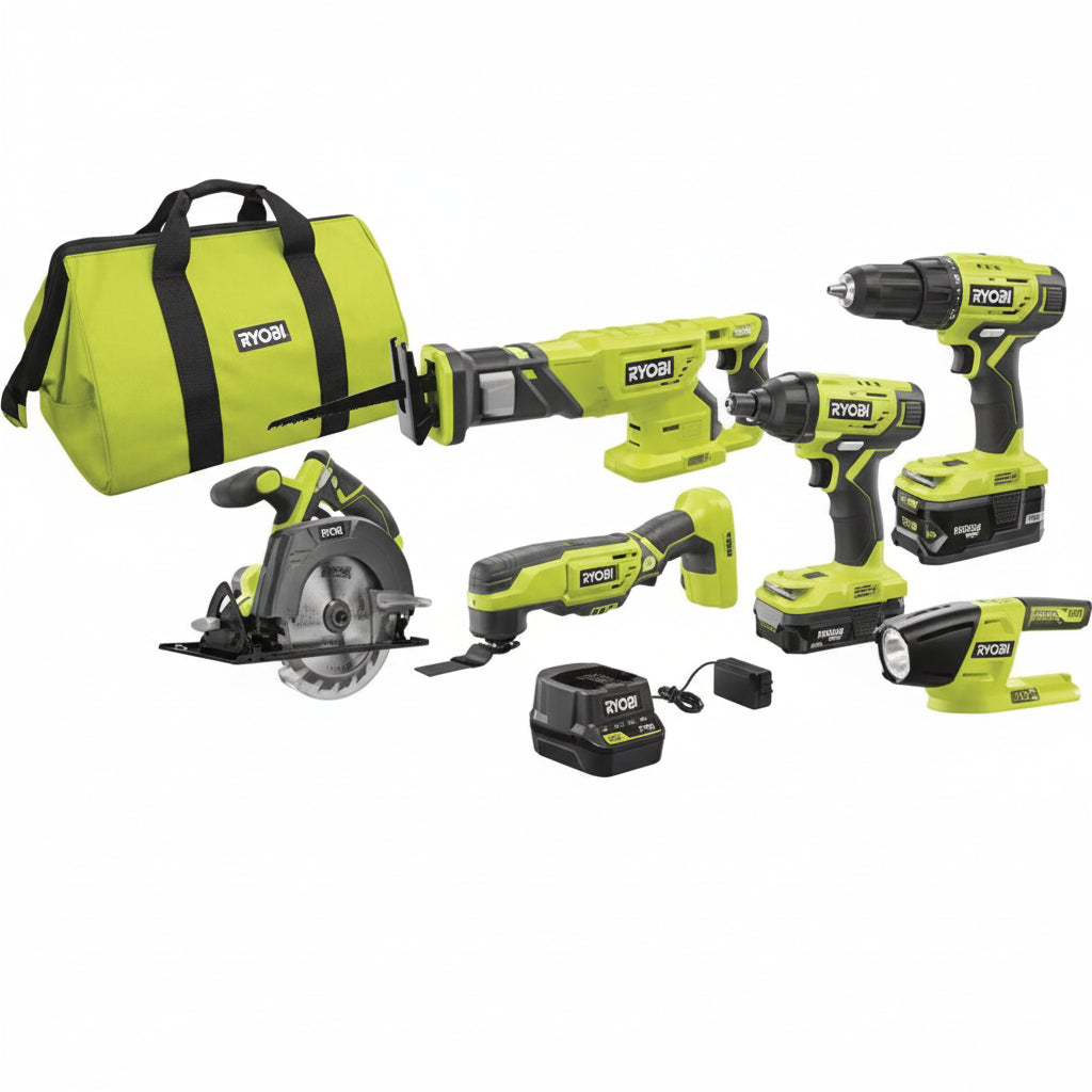 RYOBI P1819 18V One+ Lithium Ion Combo Kit (6 Tools: Drill/Driver, Impact Driver, Reciprocating Saw, Circular Saw, Multi-Tool, LED Worklight, 4.0 Ah & 1.5 Ah Battery, Charger, Bag)