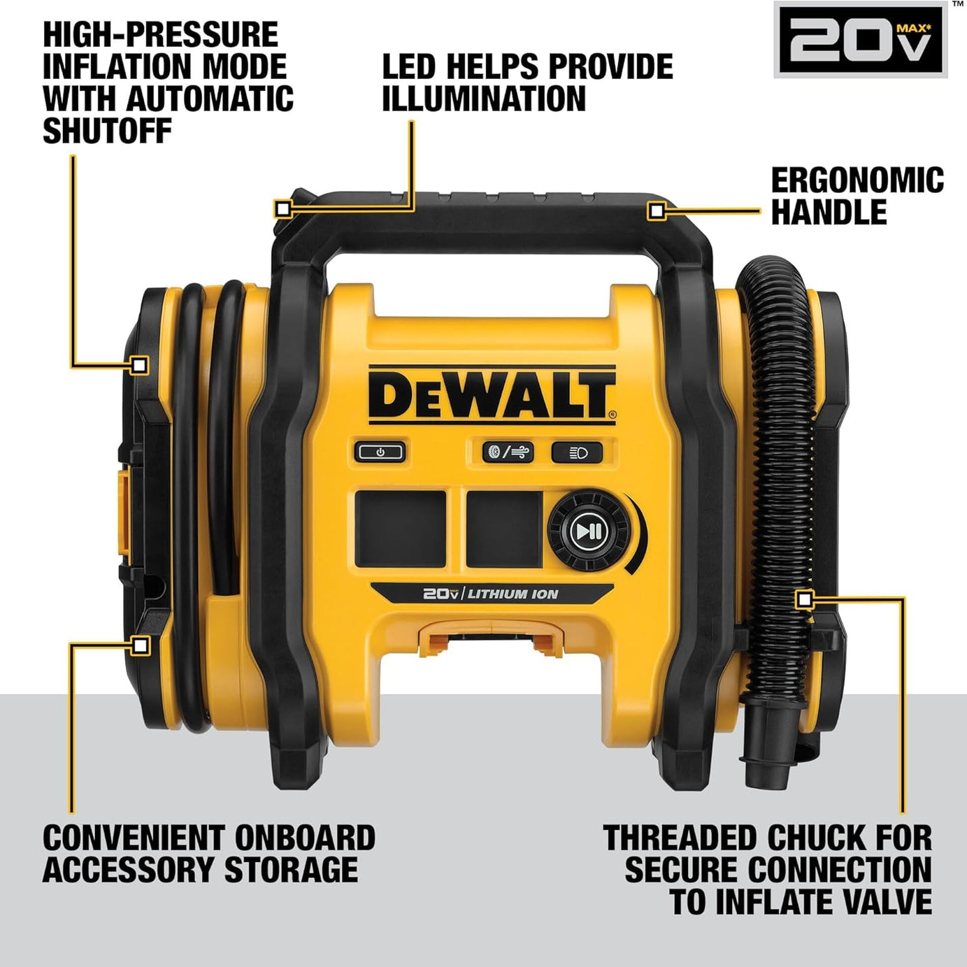 DEWALT Tire Inflator Portable Air Compressor 20V MAX, Car Air Pump with Automatic Shut Off, LED Light, Tool Only (DCC020IB)