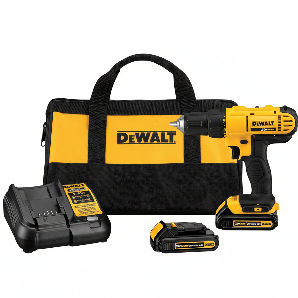 DEWALT 20V Max Cordless Drill Driver Set, 2 Speed, High Performance Motor, Includes 2 XR 1.3Ah Li-Ion Batteries, Charger and Contractor Bag (DCD771C2)